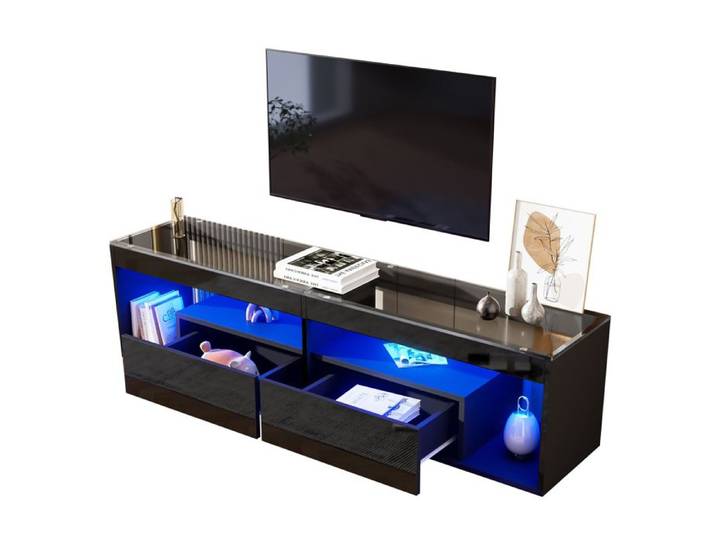 Meuble TV VIVRYN LED noir brillant 2 tiroirs verre trempé panneaux de particules 180 x 40 x 46 cm