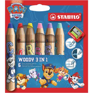 Stabilo Buntstifte woody 3 in 1 PAW Patrol, Multitalent-Stifte, farbig sortiert, inkl. Spitzer, 6 Stück