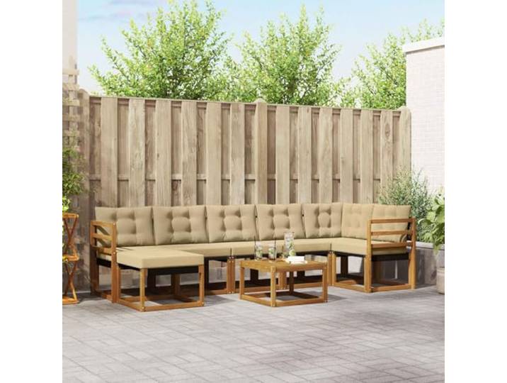 RJPLMFV Sofaset für den Außenbereich, 8-teilig, Akazie, Braun Abnehmbare Kissen mit Reißverschluss, Lattenrost, modernes Design, für Garten und Terrasse