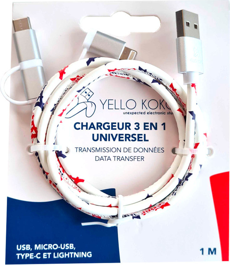 YELLO KOKO Platte USB-kabel 3A naar MicroUSB, USB-C of Lightning, 1 meter, wit