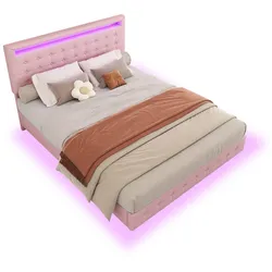 OKWISH Flachbett 140x200 cm mit LED-Umgebungslicht und höhenverstellbarem Kopfteil – modernes und stilvolles Design in Rosa