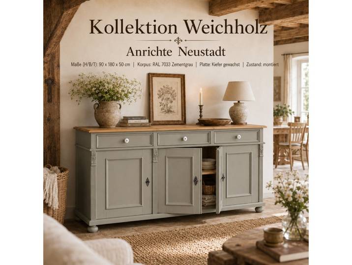 Wohnpalast Vitrine Landhaus Anrichte Neustadt aus Weichholz 180 cm Sideboard Zementgrau