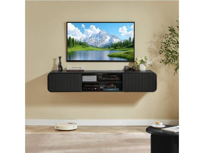 Meuble TV mural noir 160 cm meuble TV suspendu avec niches ouvertes rangement mural pour salon et chambre
