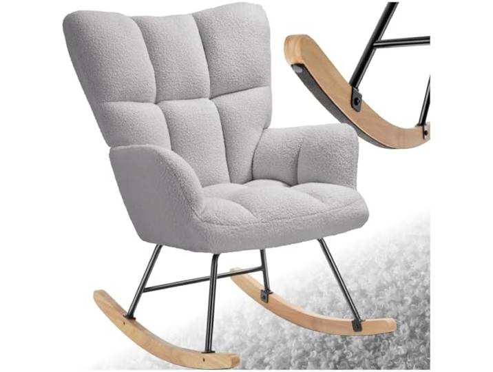 tectake® Skandi Schaukelstuhl, Sessel Wohnzimmer, Relaxsessel, Wohnzimmer Möbel Ohrensessel Vintage Look, Lesesessel, Schaukelsessel, Rocking Chair Babyzimmer, Schlafzimmer - hellgrau