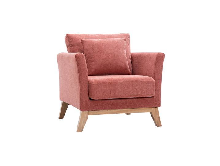 Fauteuil scandinave déhoussable en tissu effet velours texturé terracotta et bois clair OSLO