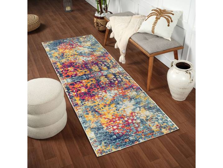 LIVABLISS Tapis de Couloir à Poils Courts Doux Abstrait Moderne AMAYA 80x220cm Multicolore/Jaune