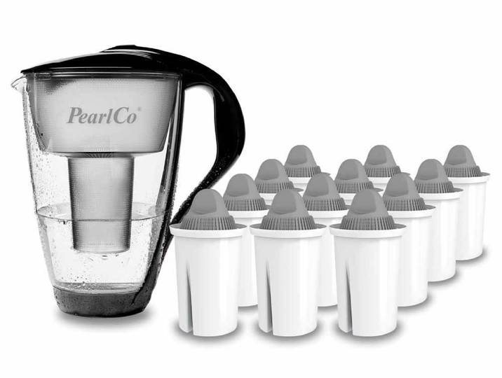 perlopur Wasserfilter Glas Wasserfilter Schwarz Inkl. 12 Protect Plus Filterkartuschen