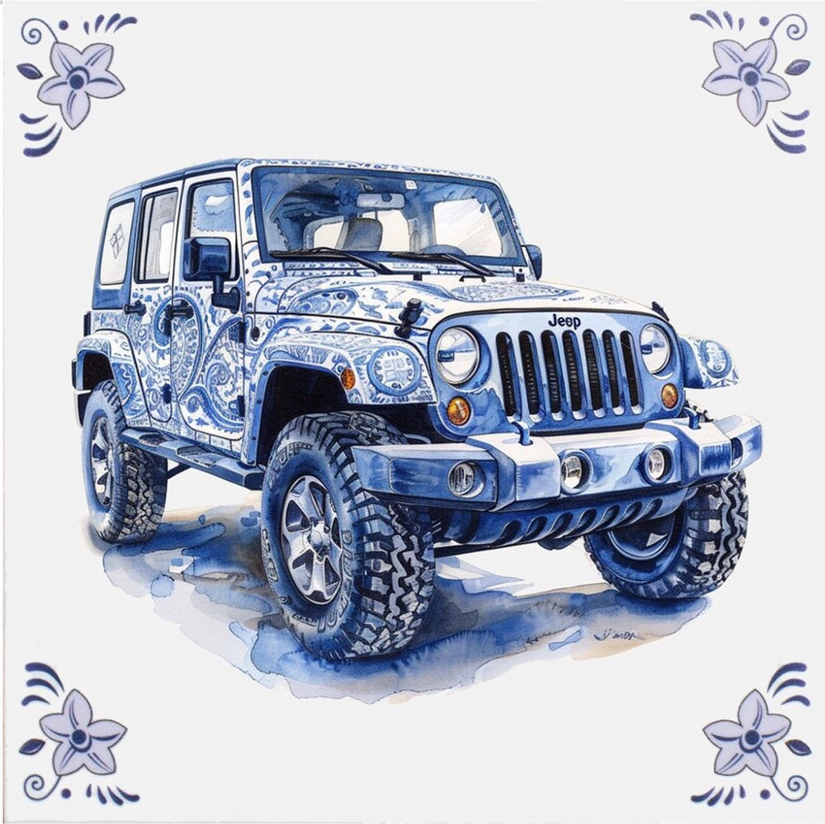 Delfts blauw wandbord met Jeep decoratie