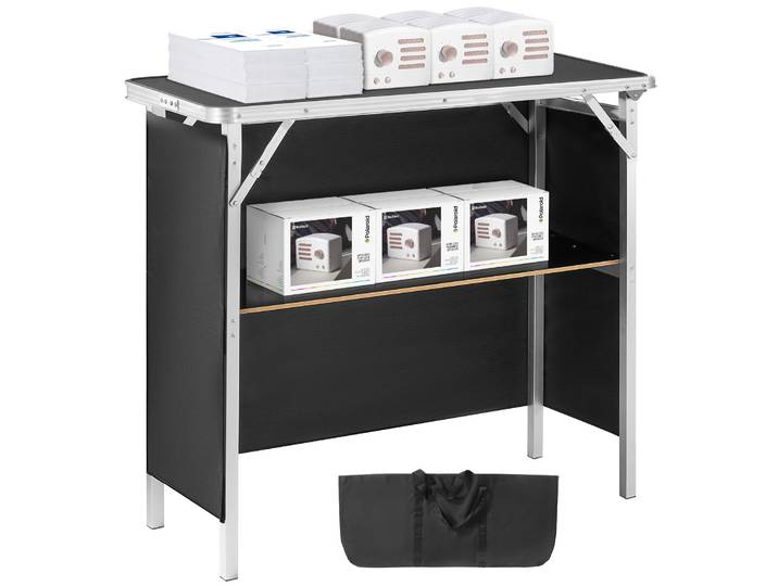 SucceBuy Table de bar pliante et portable, table de podium pour spectacle de pique-nique de fête, comprend un étui de transport, une jupe d'étagère de rangement