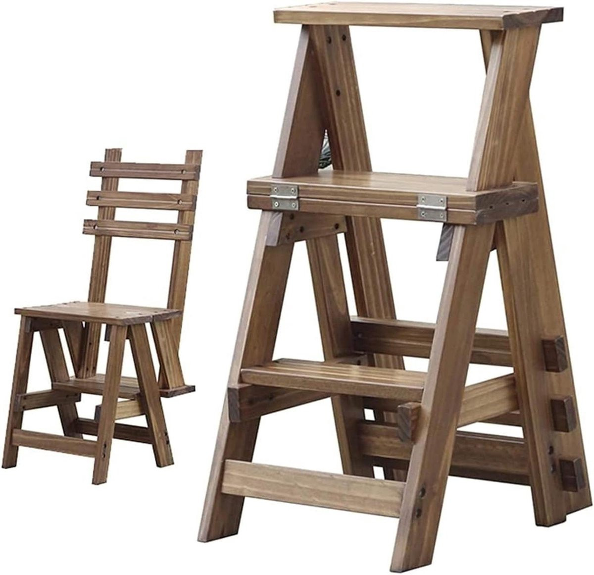 Vouwbare houten trapladder met draaistoel, 68 cm hoog, houtkleur