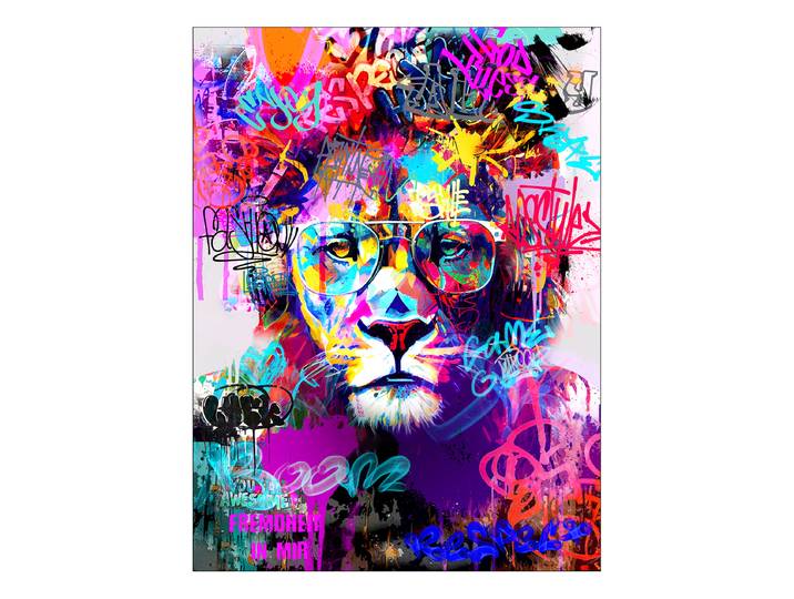 Tableau verre Graffiti Lion Verre flotté Bleu/Rose foncé/Jaune 60 x 80 x 1cm