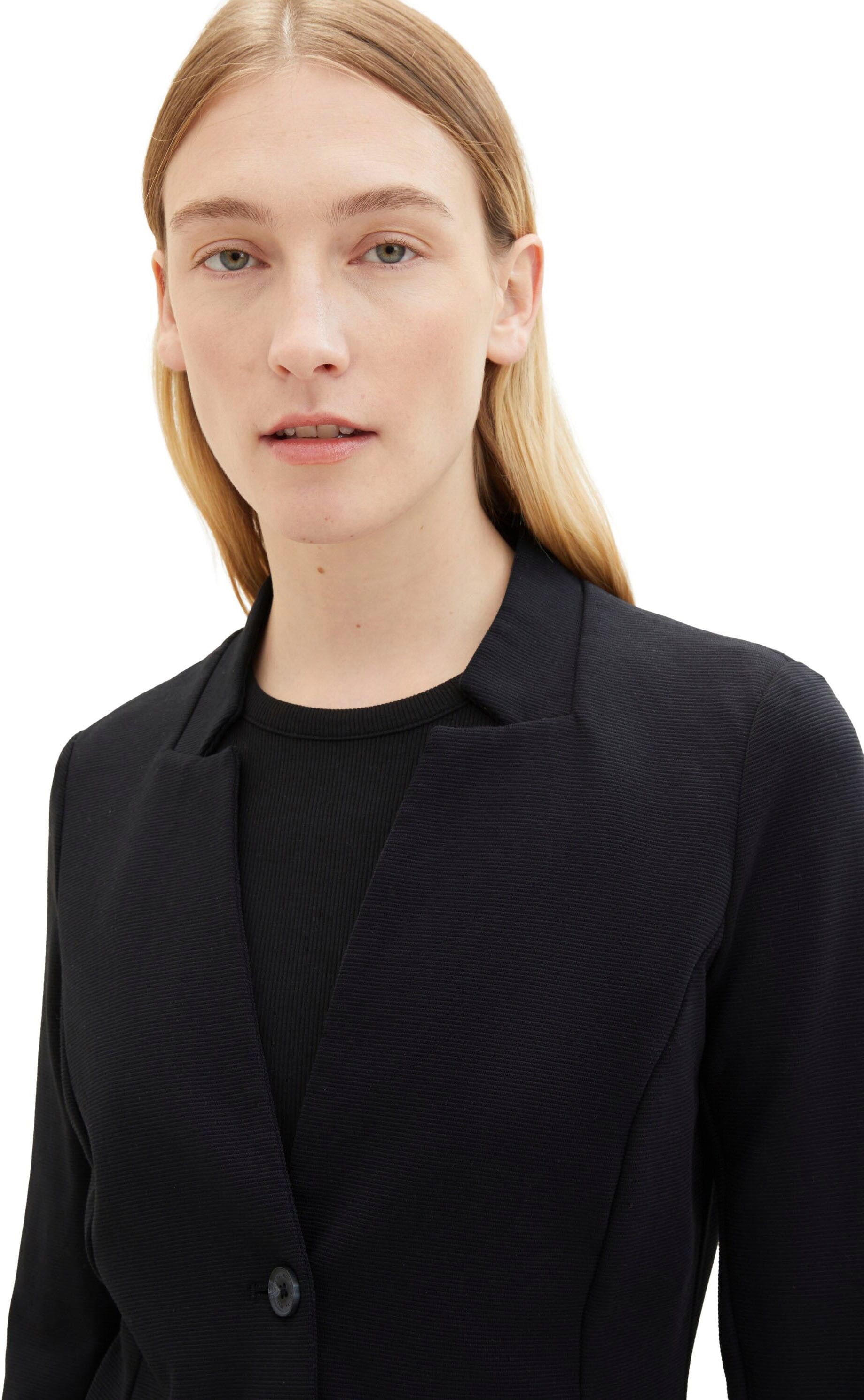 Sweatblazer TOM TAILOR "Fitted", Damen, Gr. XXL (44), schwarz (deep schwarz), Web, Obermaterial: 54% Baumwolle, 43% Polyester, 3% Elasthan, unifarben, tailliert taillenbedeckt, V-Ausschnitt, Blazer Sweatblazer, mit aufgesetzten Taschen und Struktur deep s