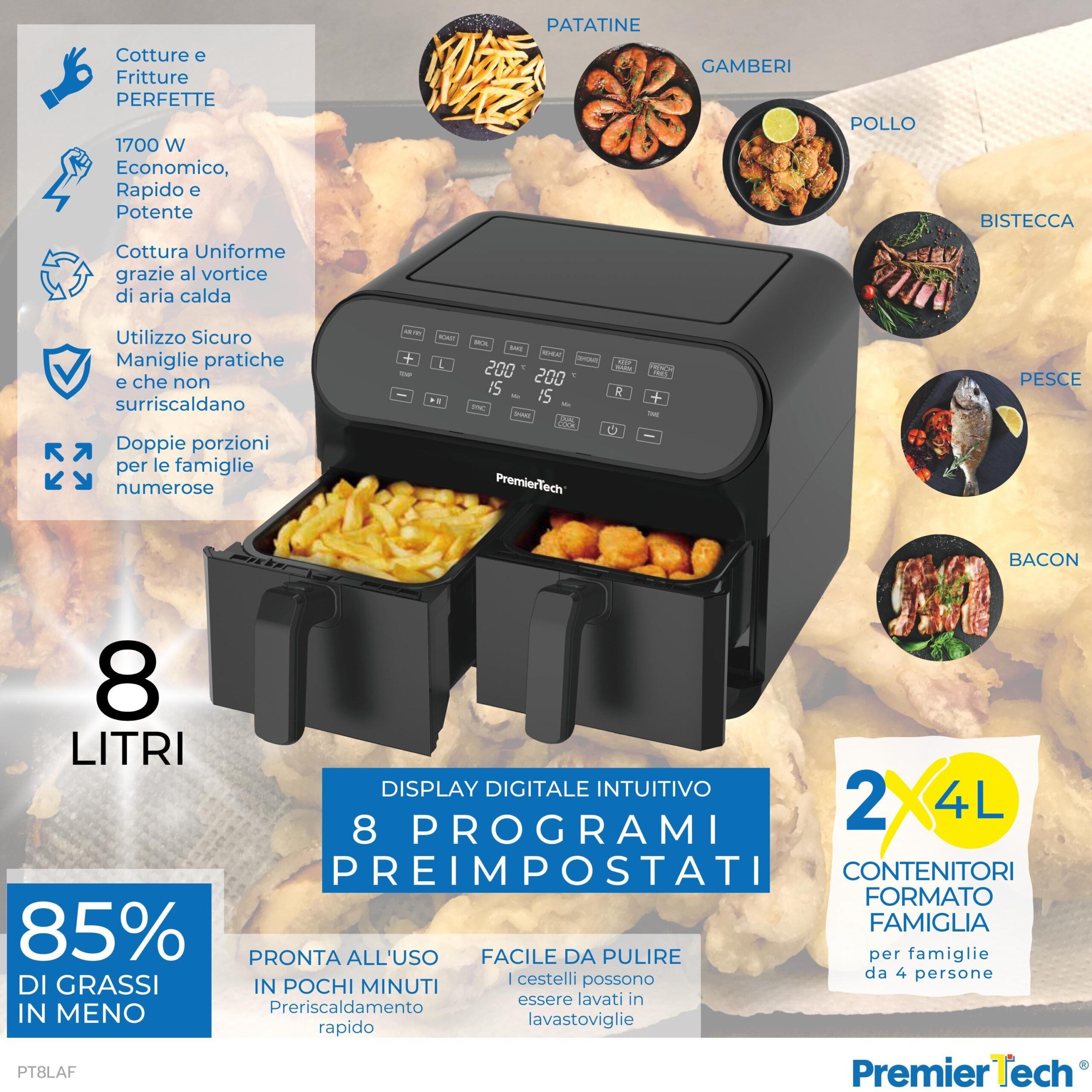 PremierTech® PremierTech Friggitrice ad Aria da 8 Litri, Touch Screen, Doppio cestello/cassetto , Timer, 8 Programmi, 1700 watt PT8LAF