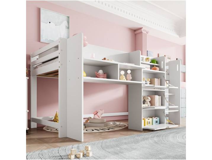 MEULVA Lit mezzanine mi-hauteur enfant 90 x 200 cm avec rangements échelle et garde-corps blanc
