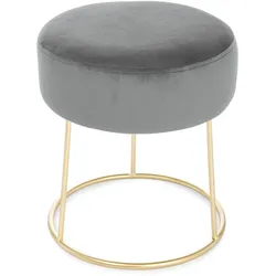Hocker Clarissa in Samt-Optik, modern gepolstert, rund, Grau mit goldfarbenem Metallfuß