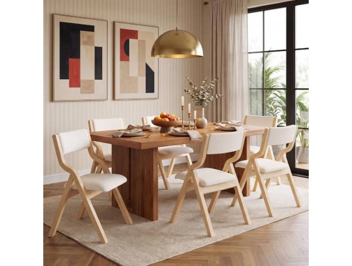 Aunvla 6 klappbare Esszimmerstühle, Esszimmerstühle aus Massivholz, bequem und atmungsaktiv, faltbar und verstaubar, geeignet für Esszimmer, Wohnzimmer, Café, moderner Stil, Leinen, Beige