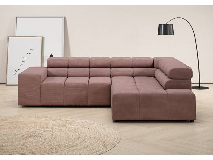 Ecksofa, Feincord, Altrosa 249×215 cm, Mit Kopfteilverstellung & 3 Zierkissen, Modern, Inosign