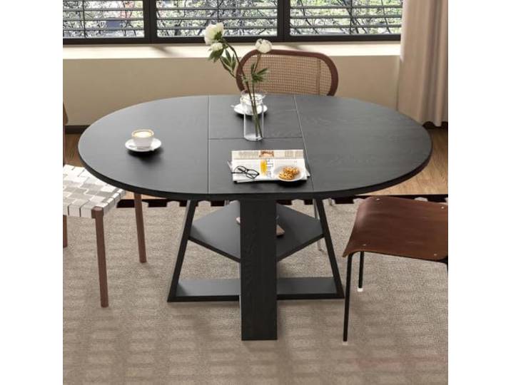 DUlVBPE Ausziehbarer Esstisch, 110/150 * 110 cm, geeignet für 4-6 Personen, runder Tisch,Esstisch mit Stauraum und Ablagen, Schwarze Holzmaserung