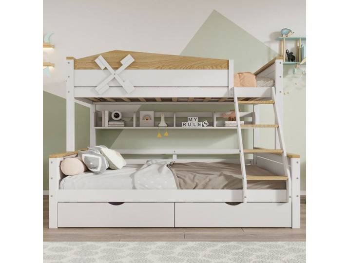 Lit Superposé enfant 3 places - Échelle Inclinée Design Moulin à Vent - Étagères + 2 Tiroirs 90x200+140x200cm Blanc/Naturel
