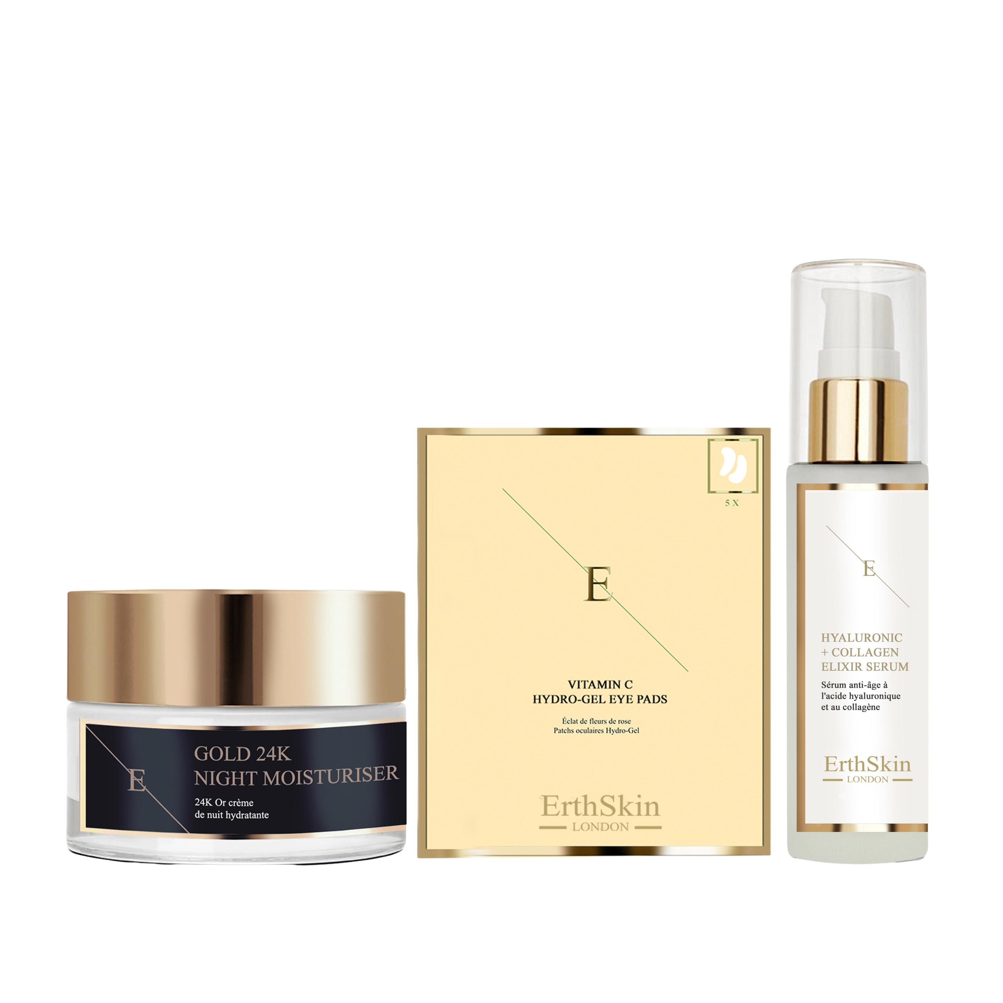 Anti-Falten Nachtfeuchtigkeitscreme 24k Gold 50ml + Hyaluronsäure & Kollagen Serum - 60ml + Vitamin C Hydrogel Augenpads x 5