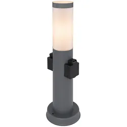 Stehlampe Außenleuchte mit Steckdose Edelstahl Sockellampe Garten Wegeleuchte, opal anthrazit, 1x E27 Fassung, DxH 12,7x45 cm