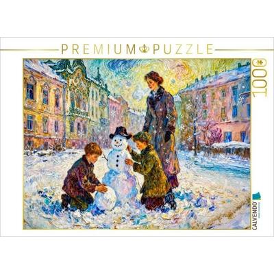 CALVENDO Puzzle Kinder bauen Schneemann in verschneiter Stadt Impressionismus Puzzle | 1000 Teile Lege-Größe 64x48cm Foto-Puzzle für glückliche