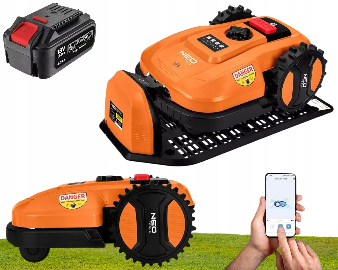 NEO TOOLS Mähroboter mit Austauschbarem Akku (4 Ah-Akku Enthalten) für Gärten bis 600 m2 Steuerung Smartphone-App Ladestation, 100m Grenzkabel, 18 V