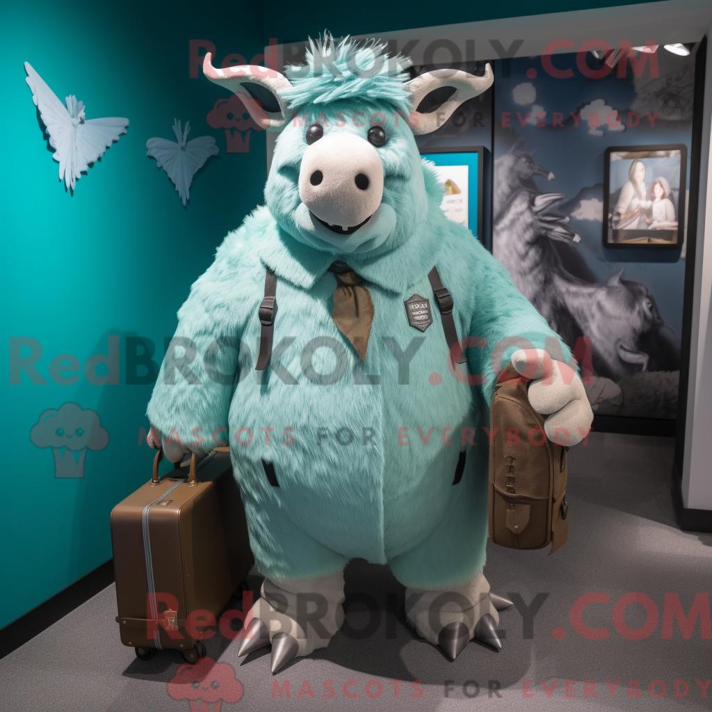 Maskottchen REDBROKOLY eines cyanfarbenen Wollnashorns mit Parka und Aktentasche