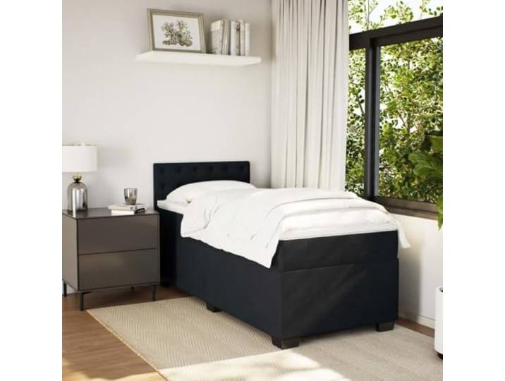 KTHLBRH Bettgestell mit Federn, Samt, schwarz, 100 x 200 cm Taschenfederkernmatratze, waschbarer Matratzenbezug, Kopfteil im Lieferumfang enthalten