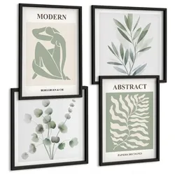 BILDER SET 4er Set - 50x50 cm & 40x60 cm Schwarzer Rahmen - Matisse entwirft Boho-Pflanzen