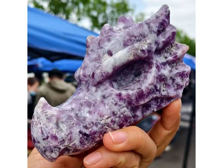 Tête de Dragon en pierre de Mica violette, Dragon de minerai violet en cristal de Quartz, minéral, Reiki, Dragon de guérison