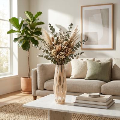 Sagebrook Home Decorative Vase - Tan Glass Elongated Oval Chiseled, 12 in.