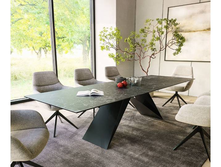 DELIFE Esstisch Edge 300x100cm Keramik Laminam®Nero Greco Anthrazit V-Mittelfuß Schwarz, Esstische