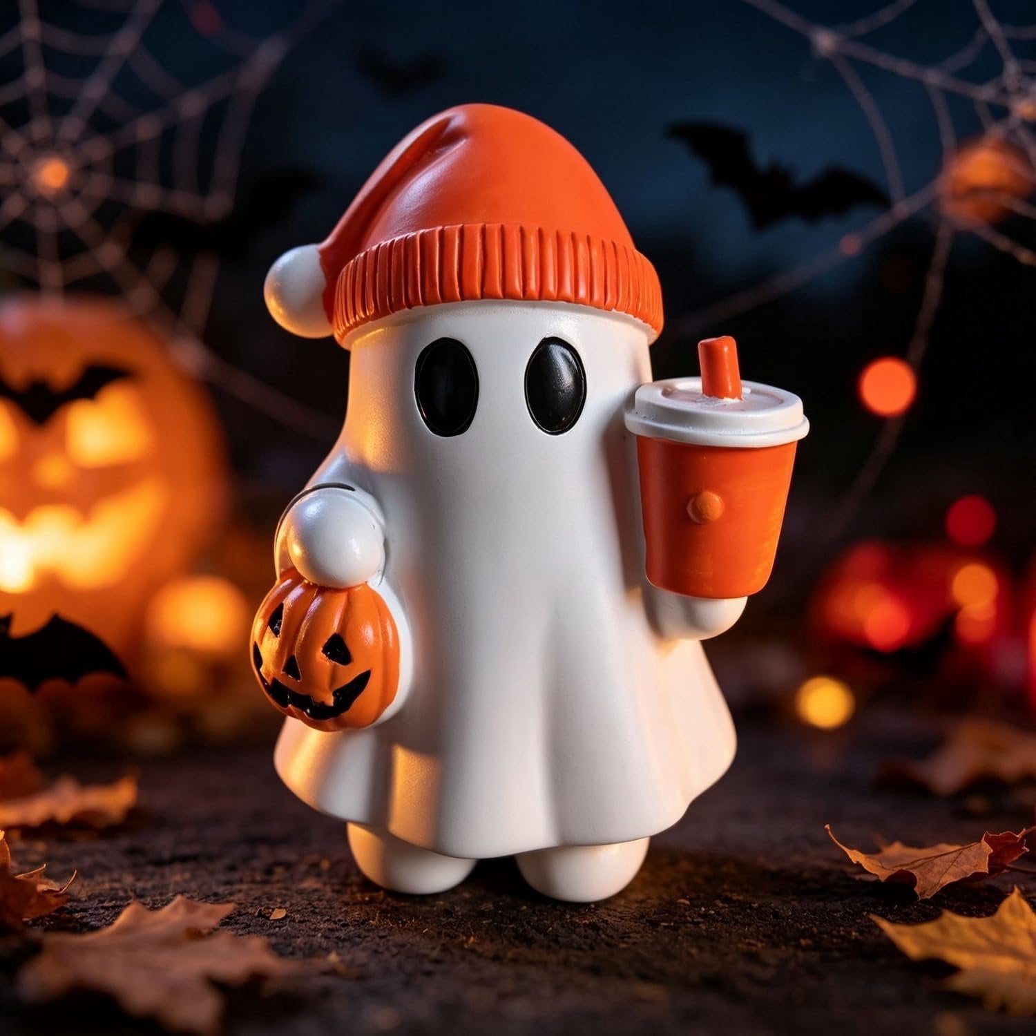 Halloween Ghost Figurine met Pompoenmer Oranje Drank Ontwerp, Hars Ornament voor Herfst Decoratie en Halloween Party Supplies