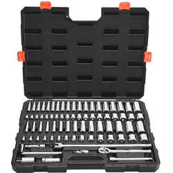VEVOR Steckschlüsselsatz 76-tlg. 9,5-mm-Antrieb Ratschensatz, SAE und metrisch, tief und flach, Werkzeugsatz mit Zubehör und Aufbewahrungskoffer, CR-V-Legierungsstahl, für Autoreparatur