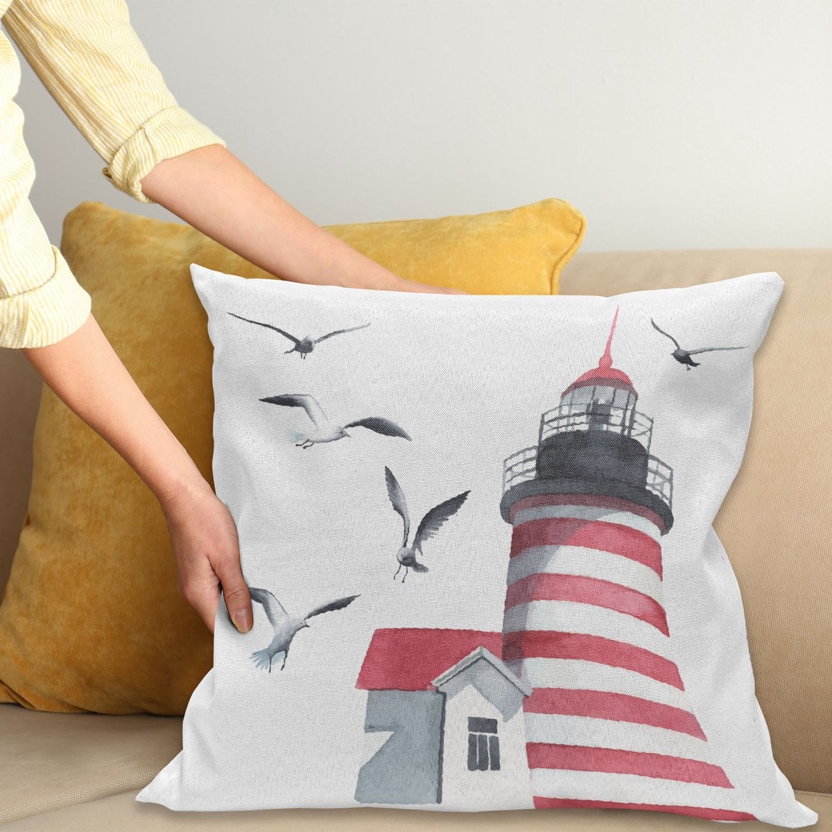 ABAKUHAUS Leuchtturm Kussenhoes Seagulls Strand Zee, Wit Grijs Rood, 40 x 40 cm