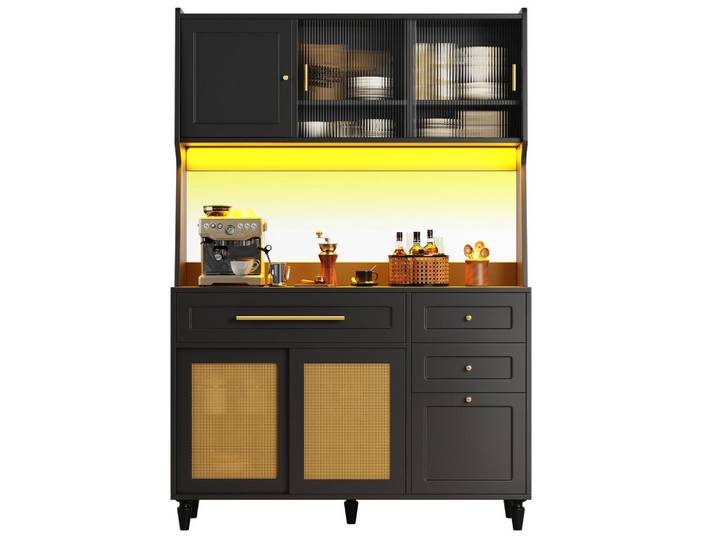 Redom Hochschrank aus MDF und Holzwerkstoff 120/45/195,5 cm mit LED-Beleuchtung, 3 Schubladen und verstellbaren Ablagen, Schwarz, 120x195.5x45 cm, Esszimmer, Anrichten