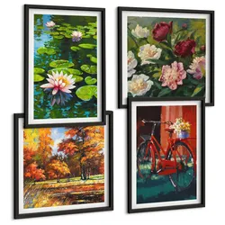 BILDER SET 4er Set - 50x50 cm & 40x60 cm Schwarzer Rahmen - Seerosen, Fahrradblumen