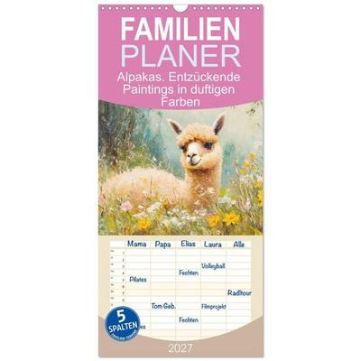 Familienplaner 2027 - Alpakas. Entzückende Paintings in duftigen Farben mit 5 Spalten (Wandkalender, 21 x 45 cm) CALVENDO