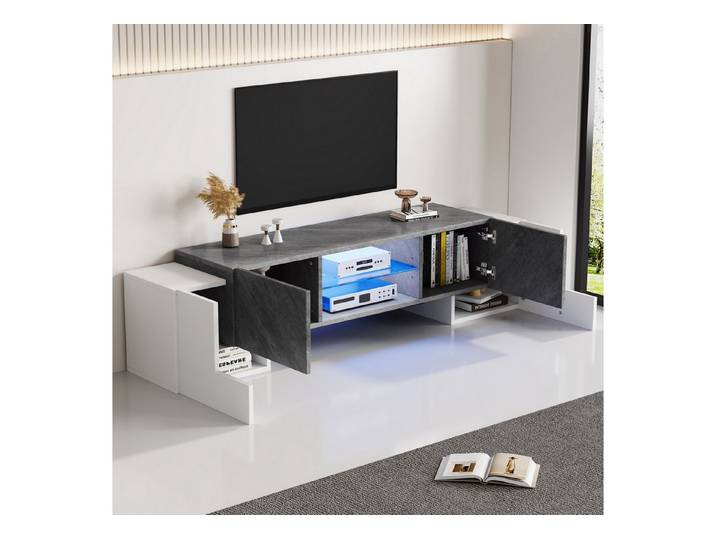 STILVORA Lowboard wohnzimmer weiß+grau,LED TV Schrank mit Glasböden für 55-80 Zoll TVs (Fernsehtisch, TV-Board, Wohnzimmermöbel, 1 St., für 60/65/70-Zoll-Fernsehern), mit Trennwand aus Hartglas