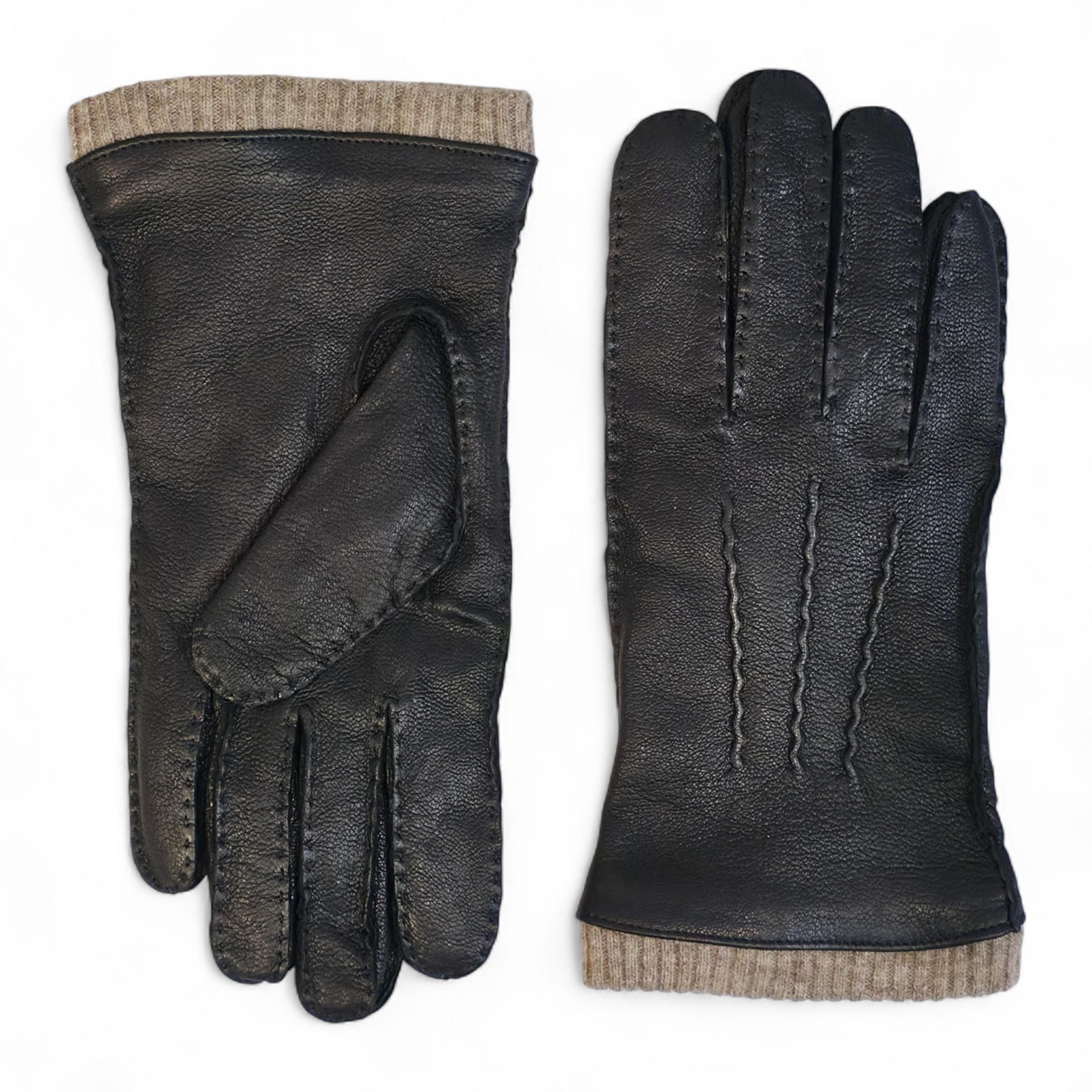 Schwarze Herrenhandschuhe aus italienischem Leder mit warmem Wollfutter, ideal für Winter, Reiten und Autofahren.