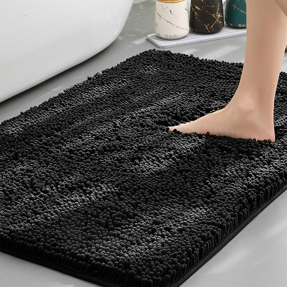 KZQ Zwarte antislip badkamermat van chenille, 50 x 80 cm