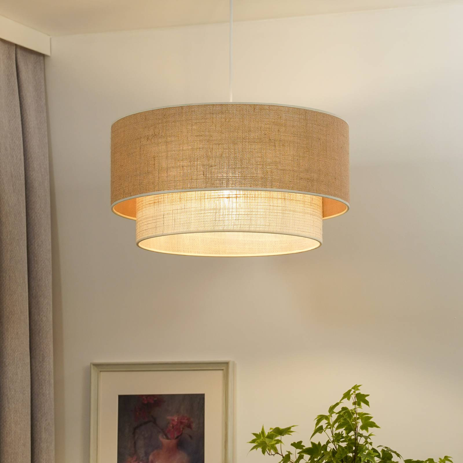 Duolla Boho Hanglamp van Jute en Textiel, Dimbaar, Bruin/Beige/Wit