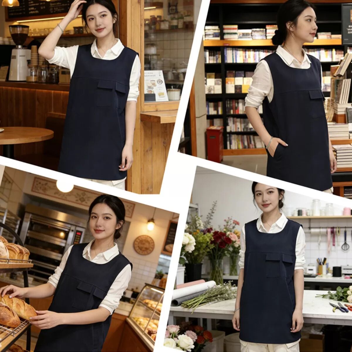INF Tablier style gilet imperméable - Tablier long noir en polyester pour barista, salon de coiffure, cuisine et artisanat -