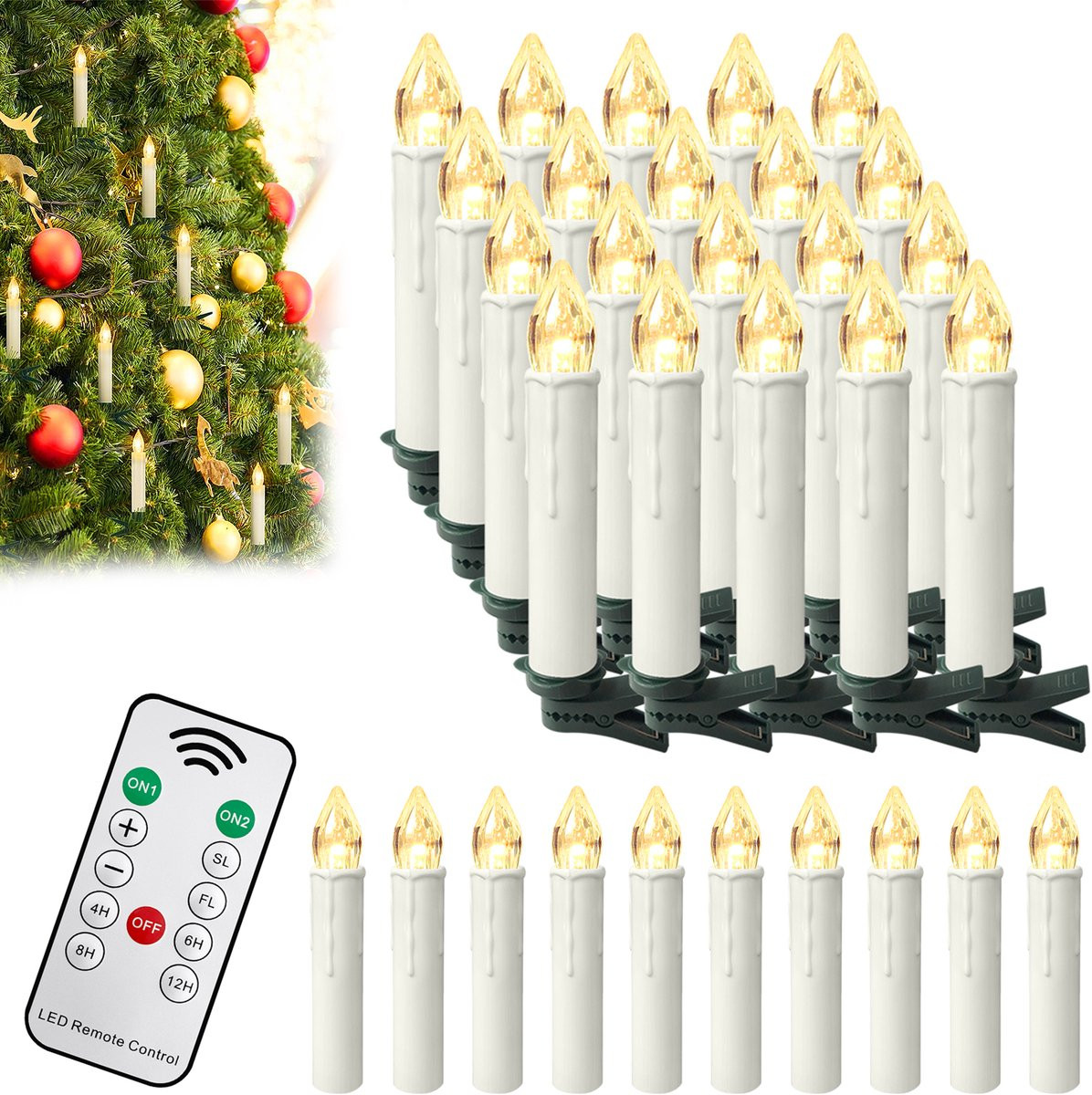 LZQ Set van 10 Draadloze LED-kerzen met Timer en Afstandsbediening, Warmwit, Dimbaar met Clips voor Kerstboom en Decoratie