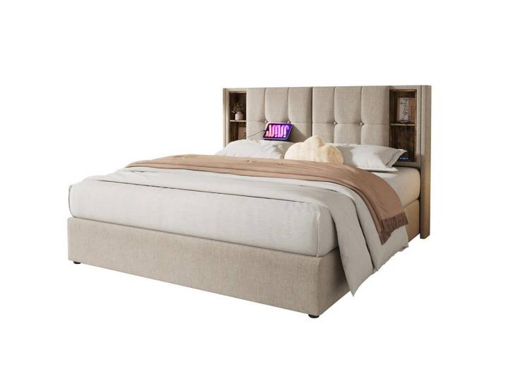 Okwish Polsterbett 160/200 cm Naturfarben mit Kabellosem Laden und Stauraum, 160x200 cm, Schlafzimmer, Betten, Polsterbetten
