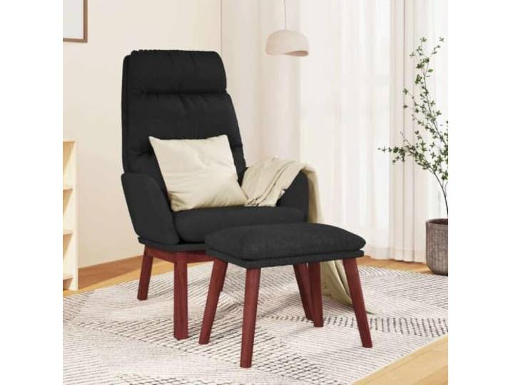 Relaxsessel mit Hocker Schwarz Stoff, Metallrahmen und Kautschukholz Atmungsaktiver Stoff, stabile Metallrahmen-Konstruktion, Beine aus massivem Kautschukholz, verstellbarer Hocker, Armlehnen