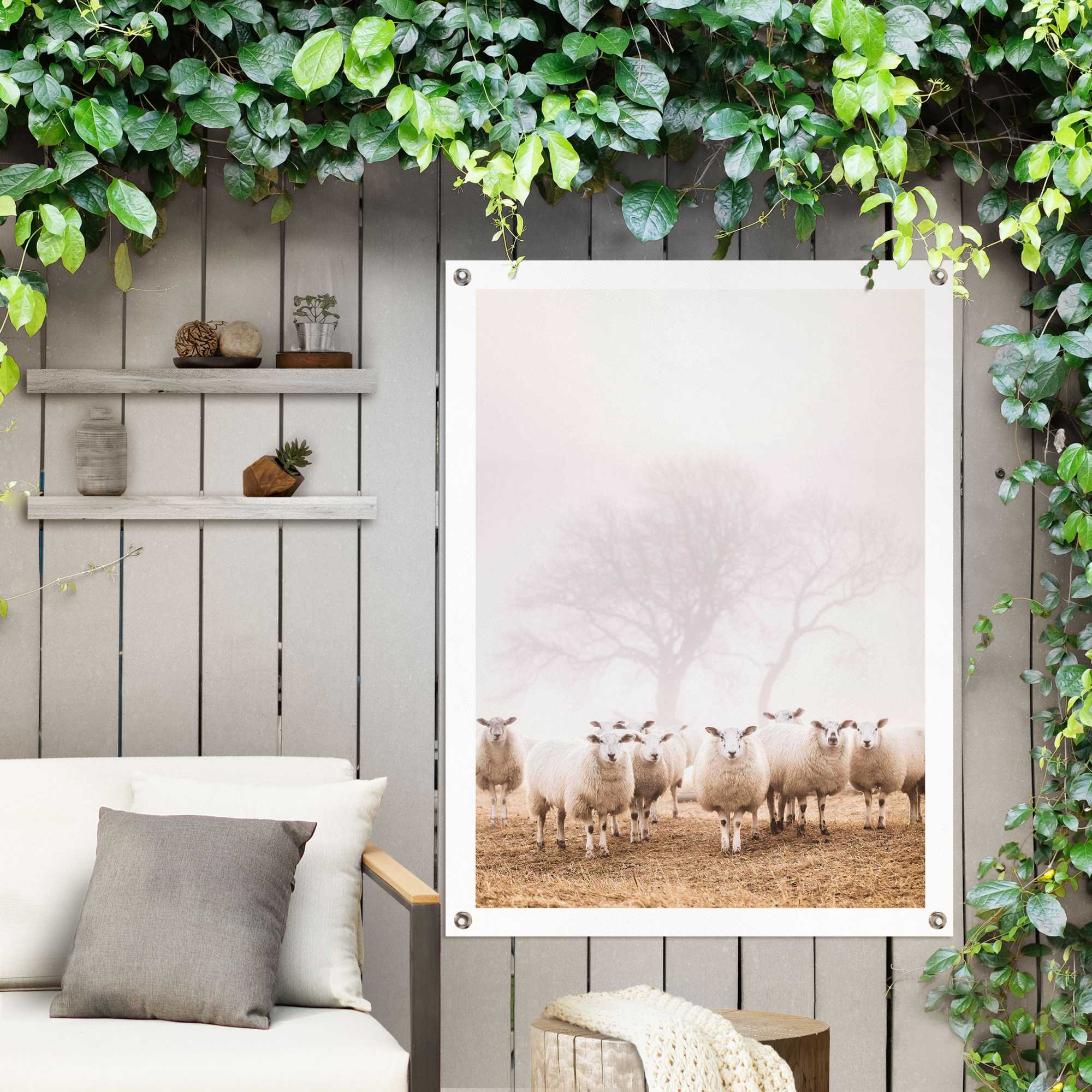 Reinders! Poster REINDERS "Schafe im Nebel", beige (farbe bild(er): beige), B:60cm H:80cm T:0,1cm, Leinwand, Bilder, Poster, Outdoor für Garten oder Balkon farbe bild(er): beige B/H/T: 60cm x 80cm x 0,1cm