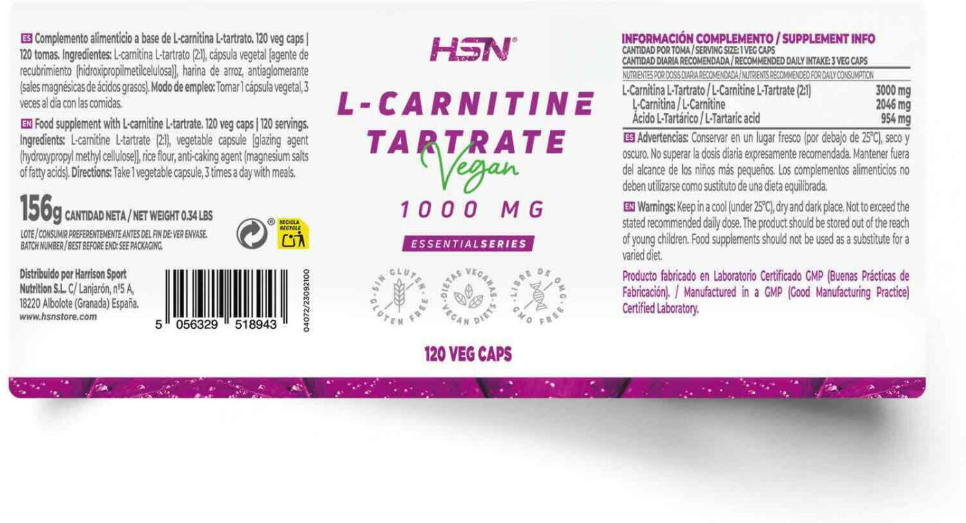 HSN L-carnitina tartrato 1000mg - 120 veg caps - Quemadores sin estimulantes - Cápsulas Vegetales - 120  Servicios