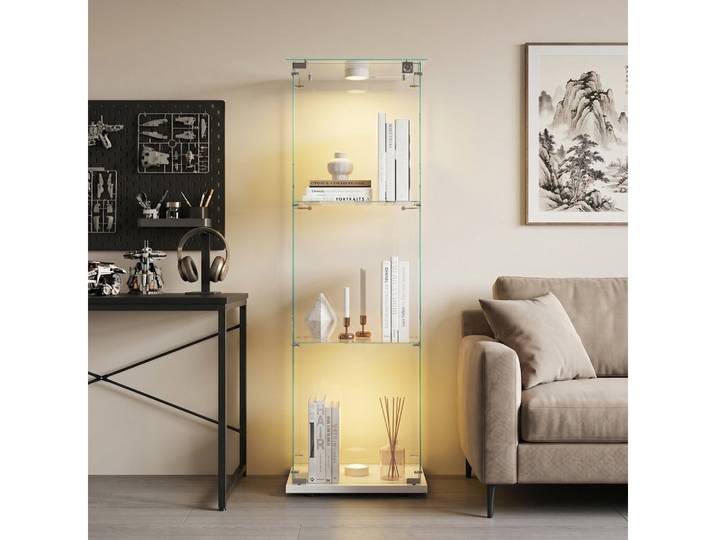 Simurq Glasvitrine Standvitrinen mit LED Beleuchtung, 3 Lagen Vitrinenschrank mit Glastür (1-St, Glas Vitrine mit 1 Glastür und 3 Lagen, Glasschrank mit Schloss) Sammlervitrine für Sammlerstücke, Modernes rahmenloses Design